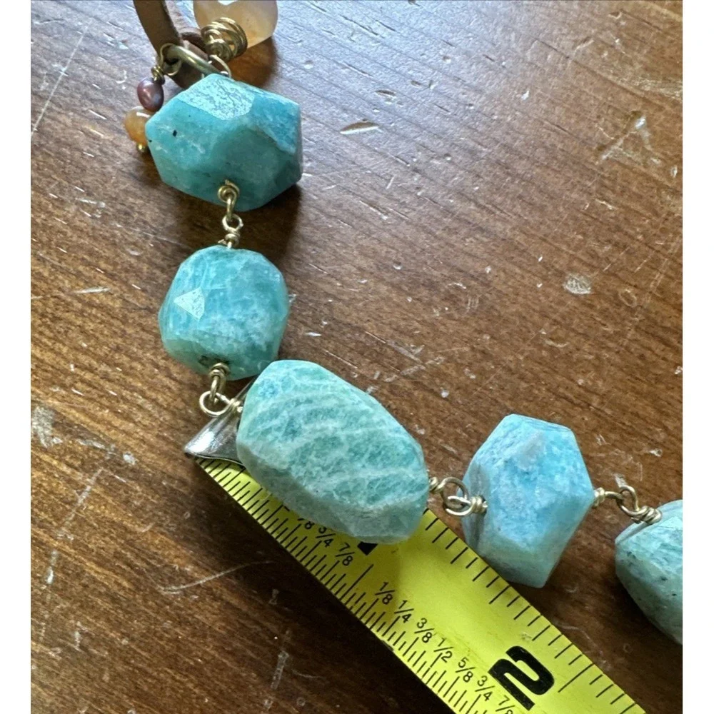 Large Chunky Faceted‎ Amazonite Polished Bead Statement Necklace Adjustable EUC